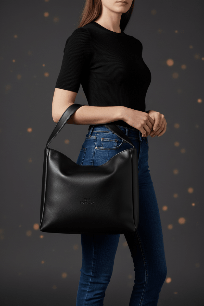 Sahara Tote Bag siyah manken görseli koyu kıyafet