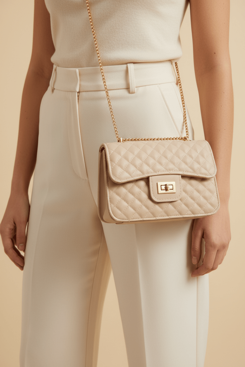 Quilted krem flap bag manken smart casual görseli
