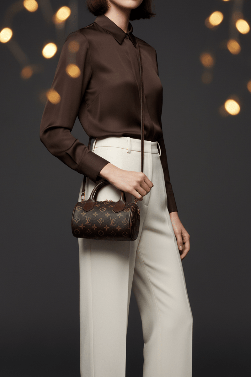 Monogram barrel bag koyu kahve manken görseli 2