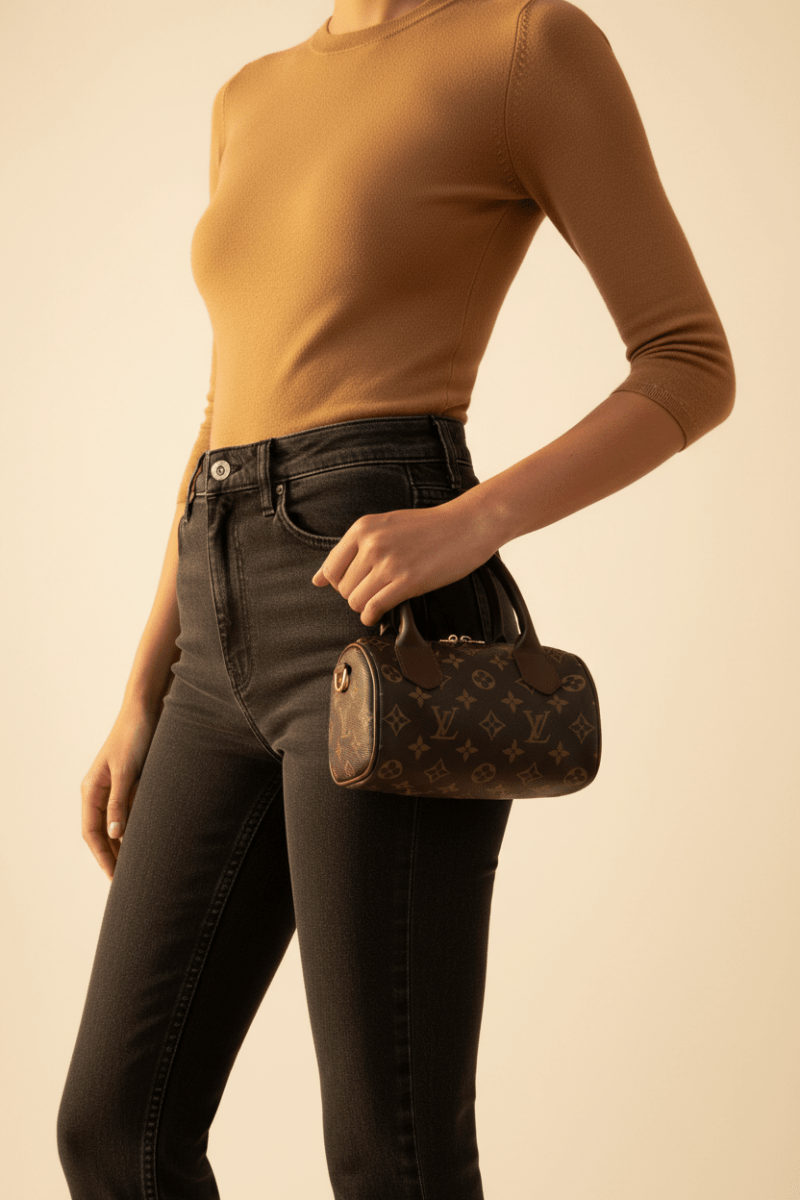 Monogram barrel bag koyu kahve manken görseli 1