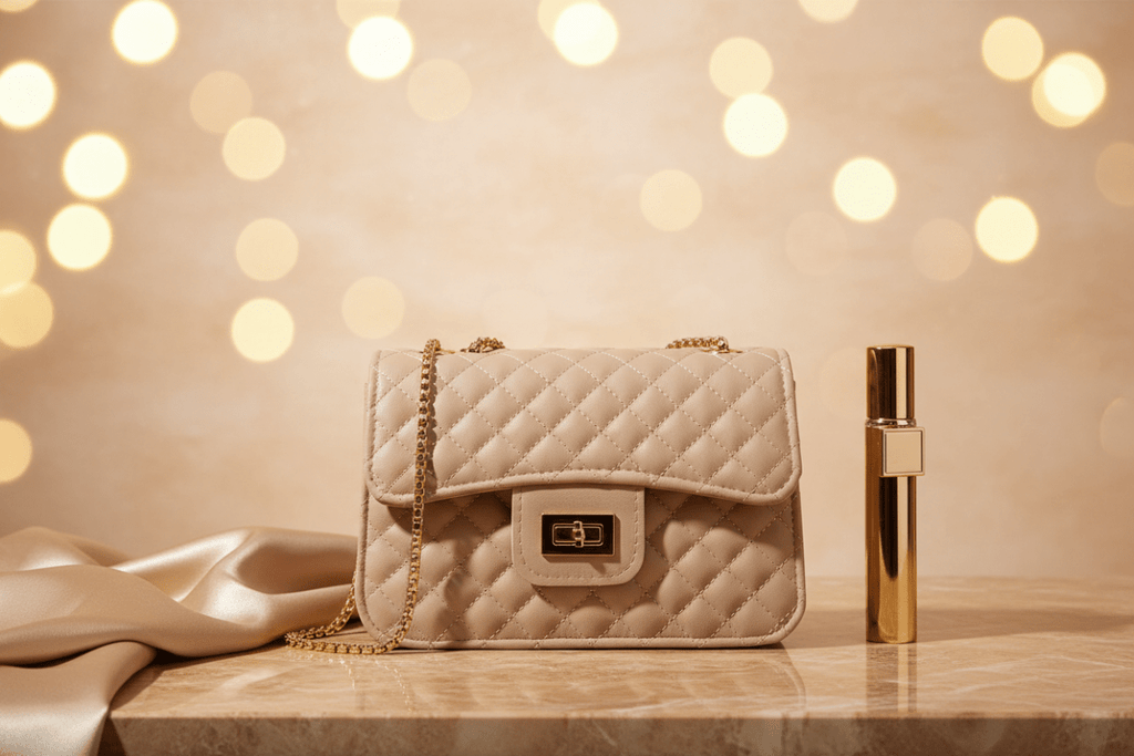 Quilted altın zincirli bej flap bag stüdyo görseli