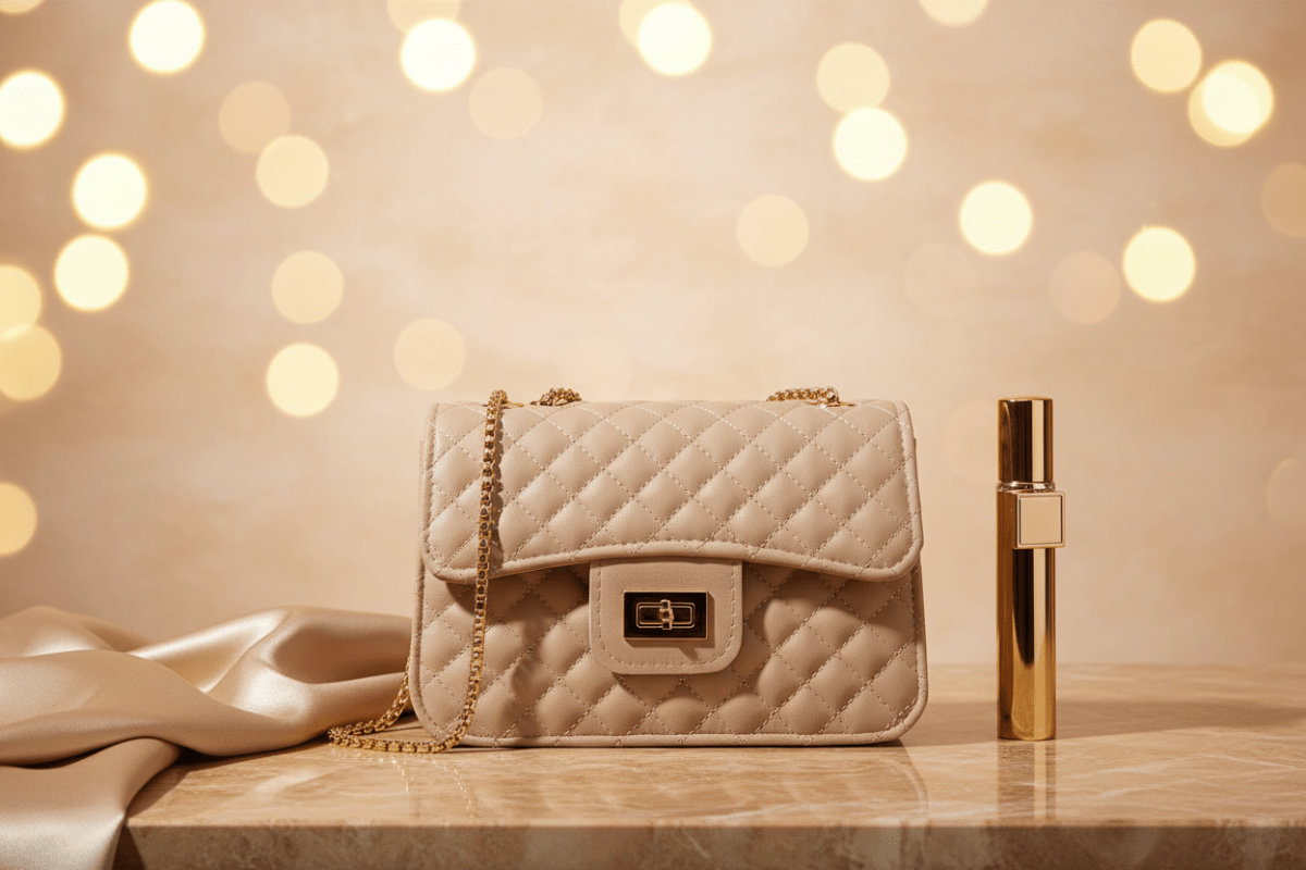 Quilted altın zincirli bej flap bag stüdyo görseli