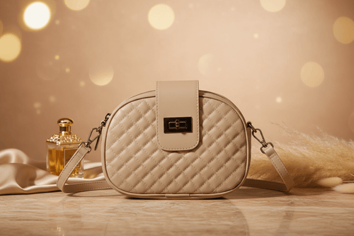 Diamond Quilt bej omuz çantası stüdyo görseli