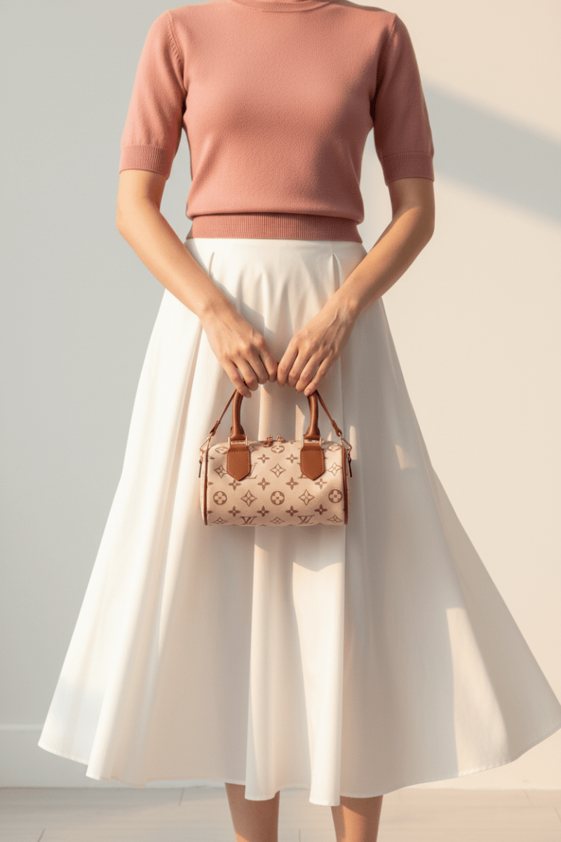 Monogram barrel bag pudra pembe manken görseli 1