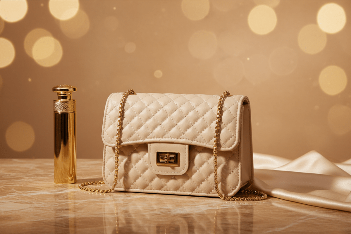 Quilted altın zincirli krem flap bag stüdyo görseli