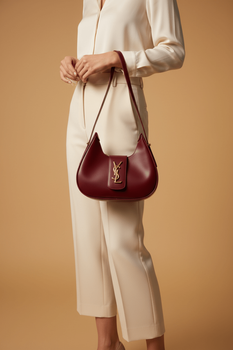 Rouge YSL bordo omuz çantası manken görseli 2