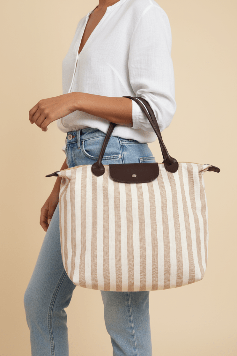 Stripe canvas tote bag manken görseli 1