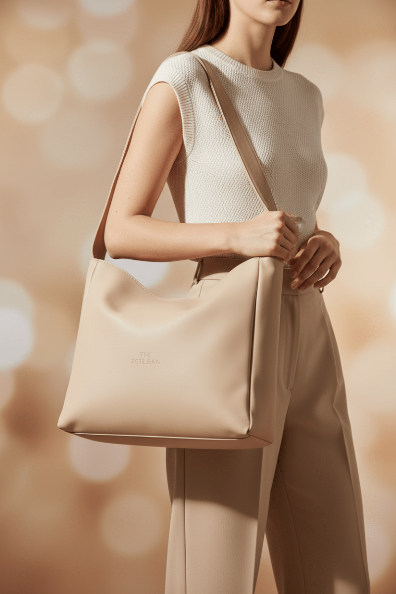Sahara Tote Bag bej manken görseli krem kıyafet