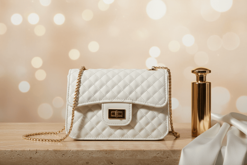Quilted altın zincirli beyaz flap bag stüdyo görseli