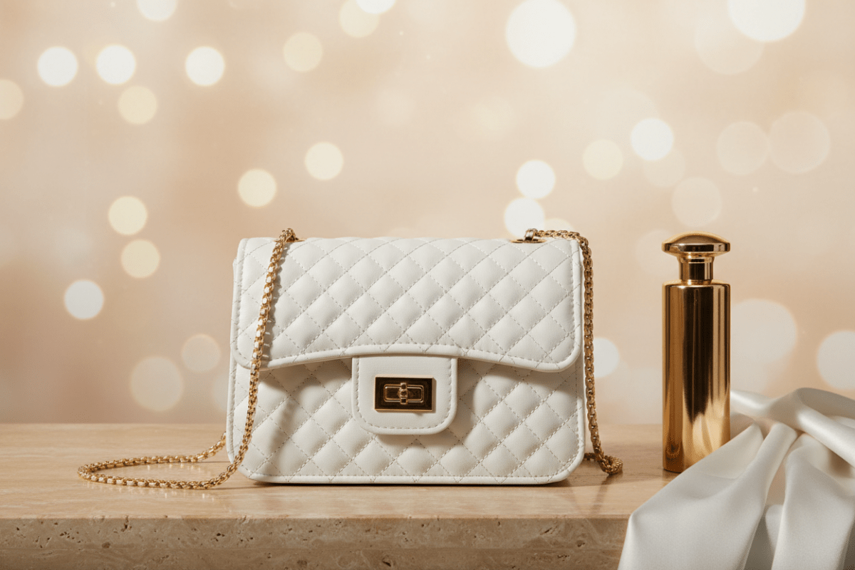 Quilted altın zincirli beyaz flap bag stüdyo görseli