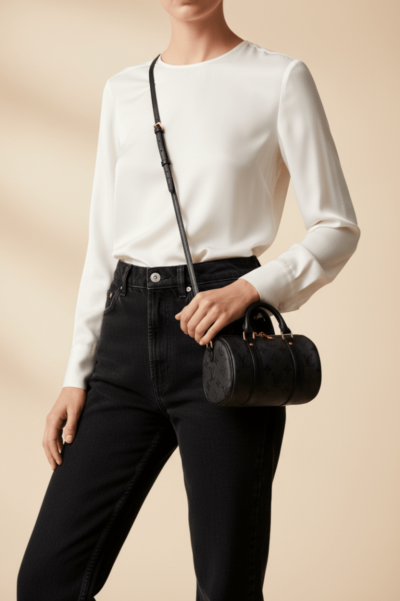 Monogram barrel bag siyah manken görseli 2
