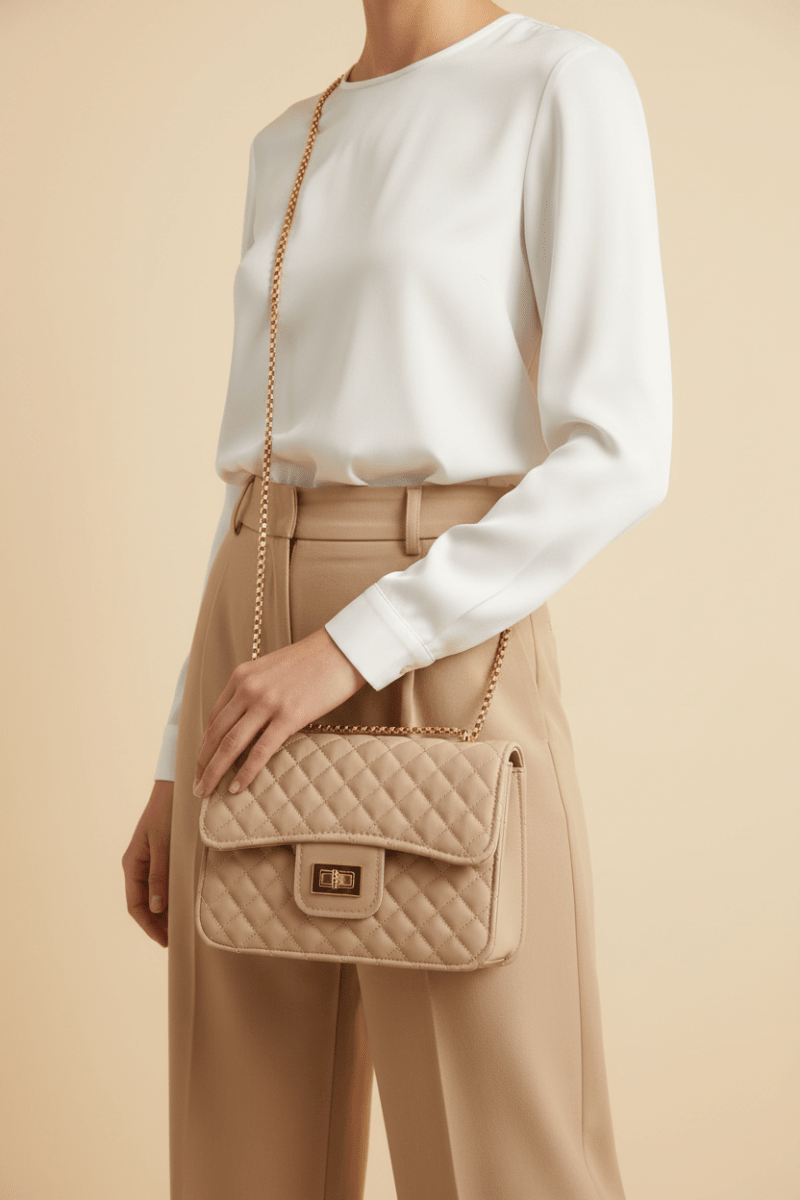Quilted bej flap bag manken smart casual görseli