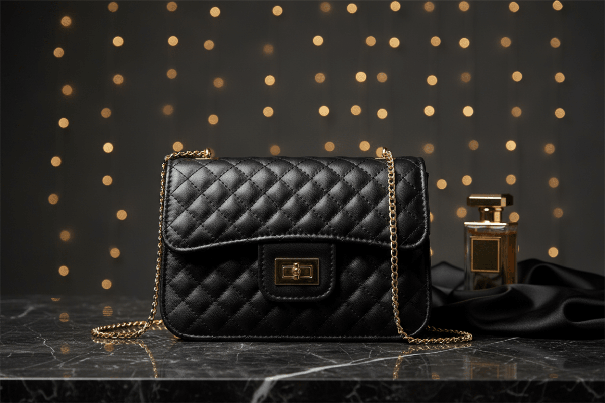 Quilted altın zincirli siyah flap bag stüdyo görseli