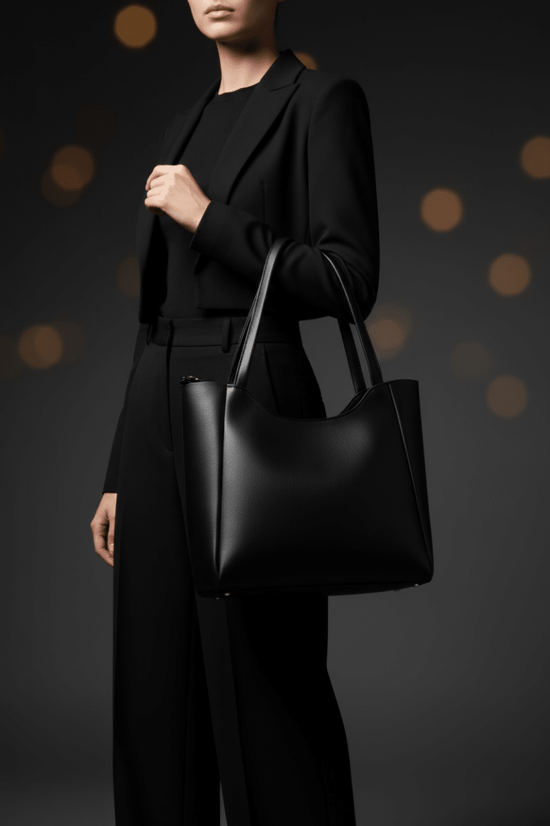 Siyah deri tote bag siyah kombin manken görseli