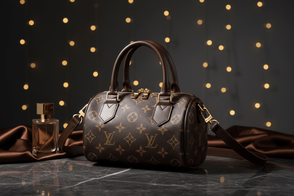 Monogram barrel bag koyu kahve stüdyo görseli