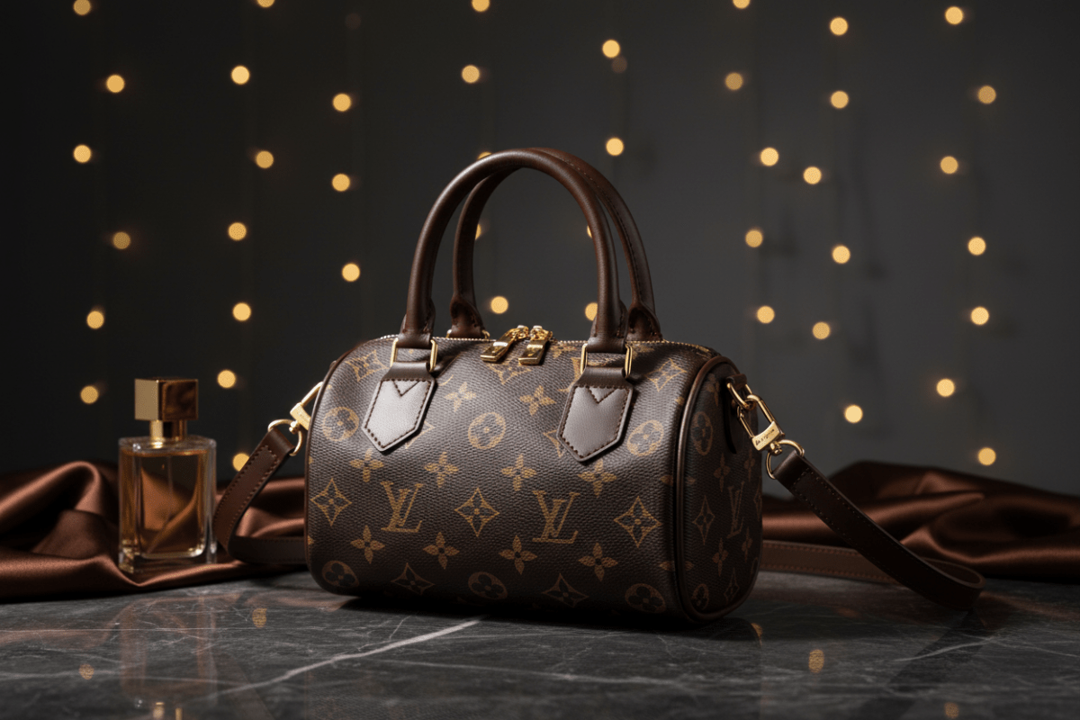 Monogram barrel bag koyu kahve stüdyo görseli