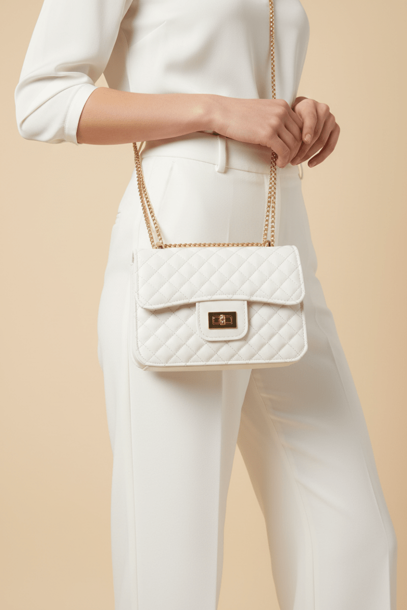 Quilted beyaz flap bag manken smart casual görseli
